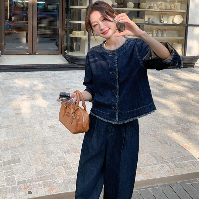 【即納】タッセルデニムジャケット×ワイドパンツセットアップ