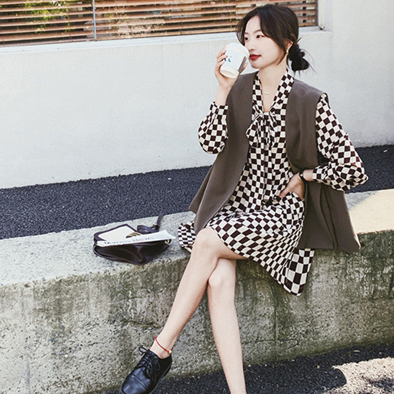 チェック柄ワンピース×ベストセット