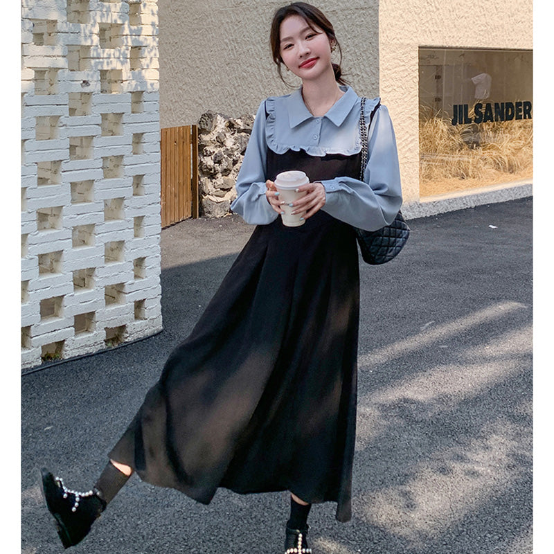 フェイクレイヤードフリルシャツワンピース