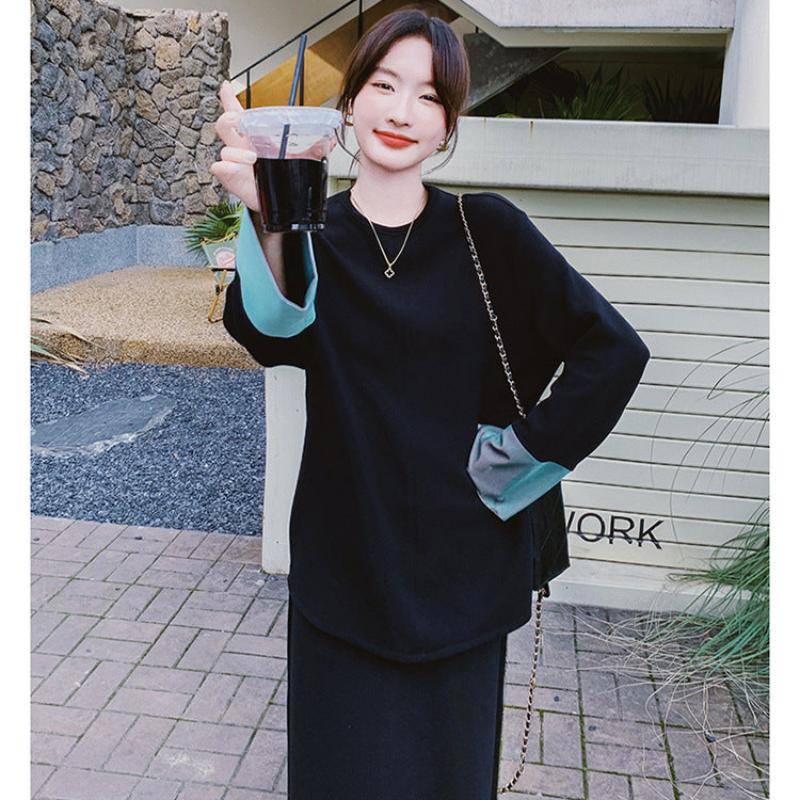 スウェットバイカラートップス×スカートセット