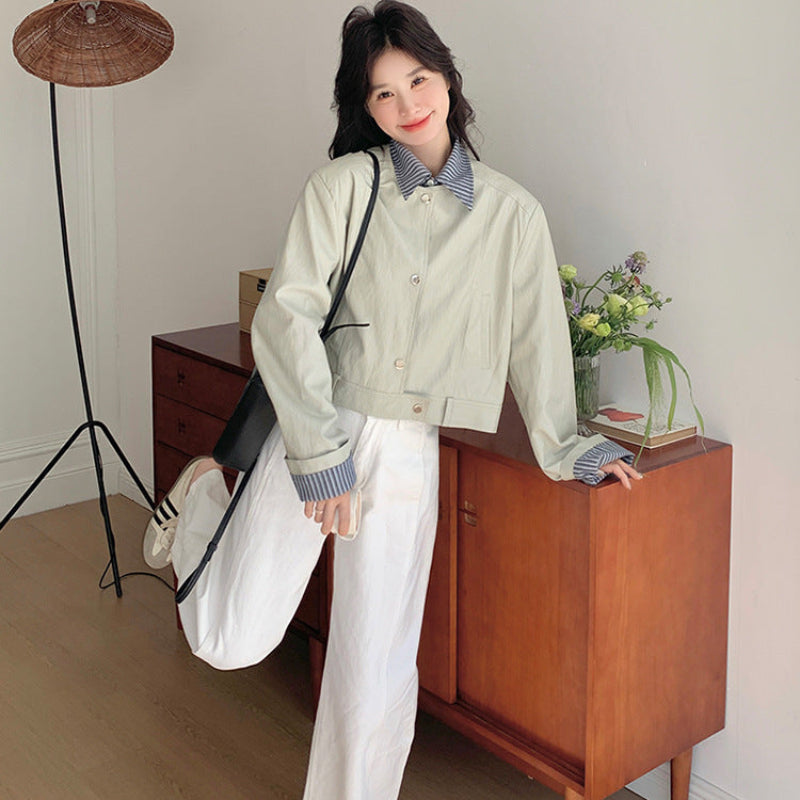 ストライプシャツドッキングPUレザージャケット