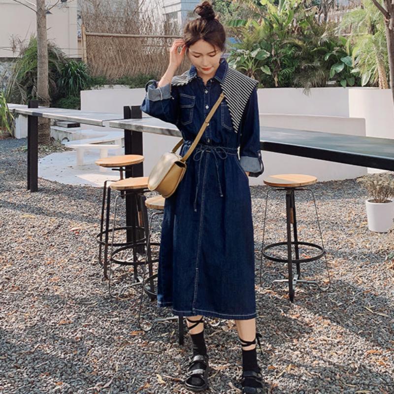 ストライプスカーフ付きデニムワンピース