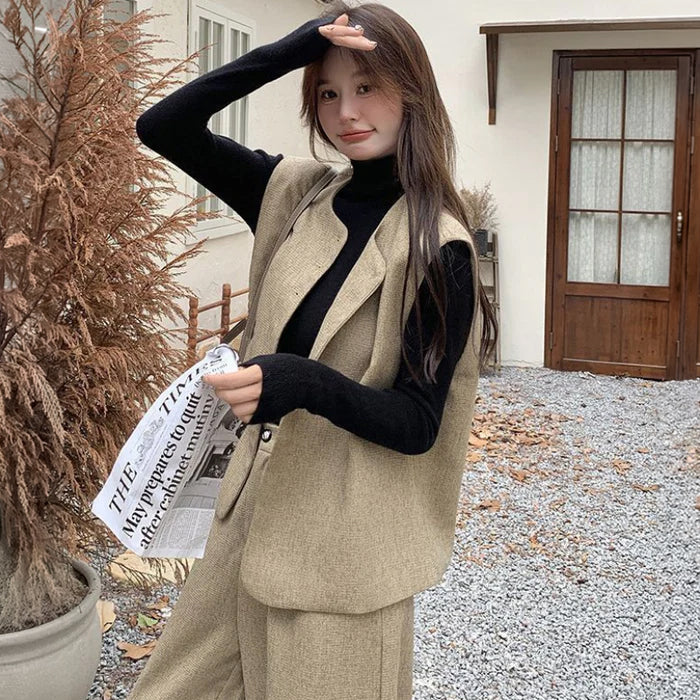 フロントボタンベスト×ワイドパンツセット