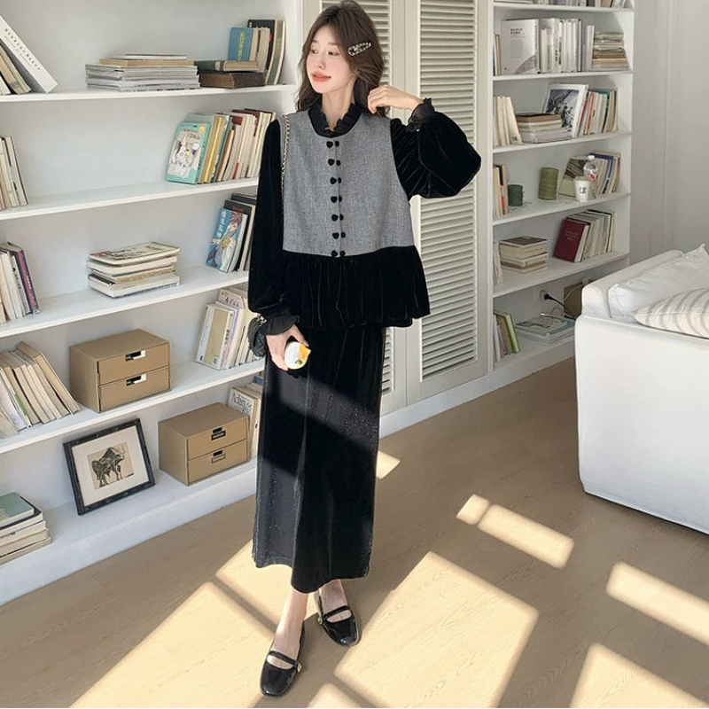 エレガンスベルベットベスト×トップス×スカート3点セット