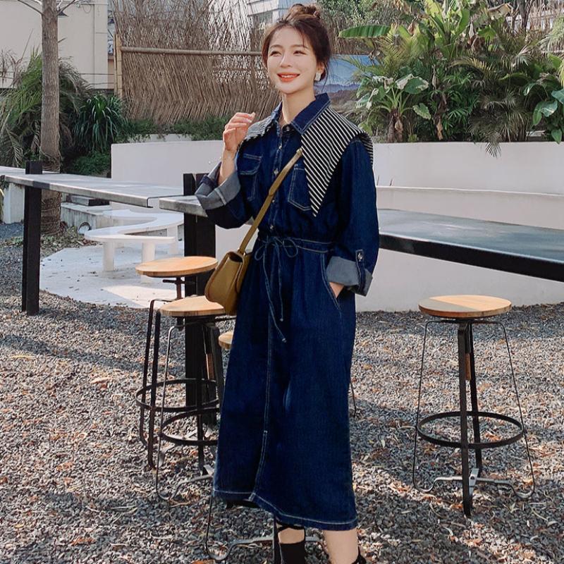 ストライプスカーフ付きデニムワンピース