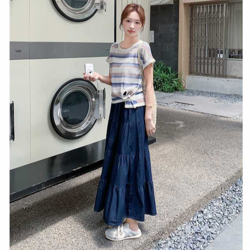 ボーダーTシャツ×デニムスカートセットアップ
