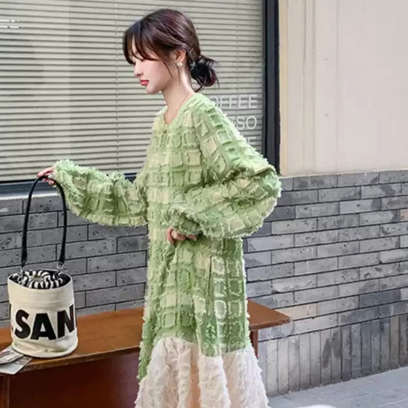 グリーンエンボスチェックワンピース