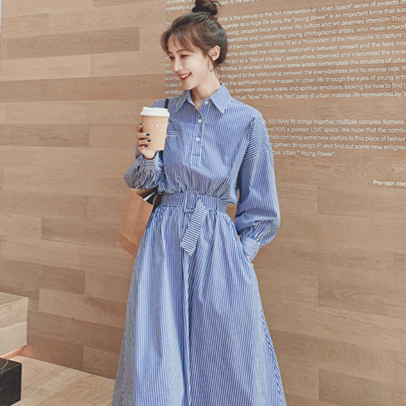 【即納】ブルーストライプシャツワンピース