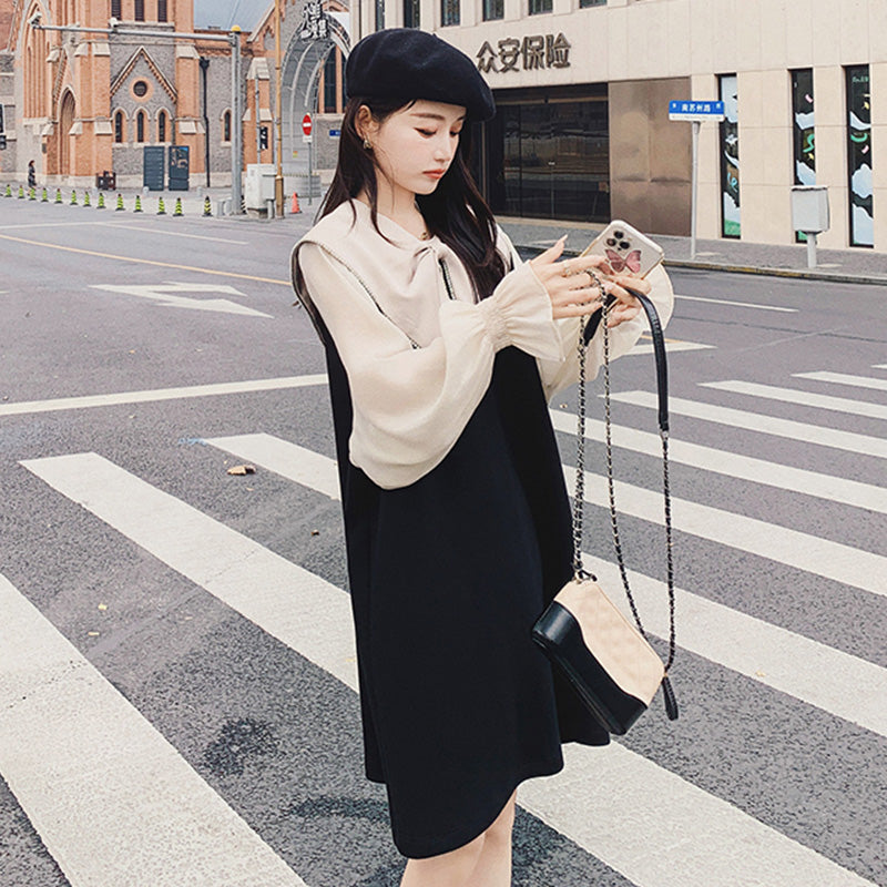 リボンディテールシアーパフスリーブワンピ