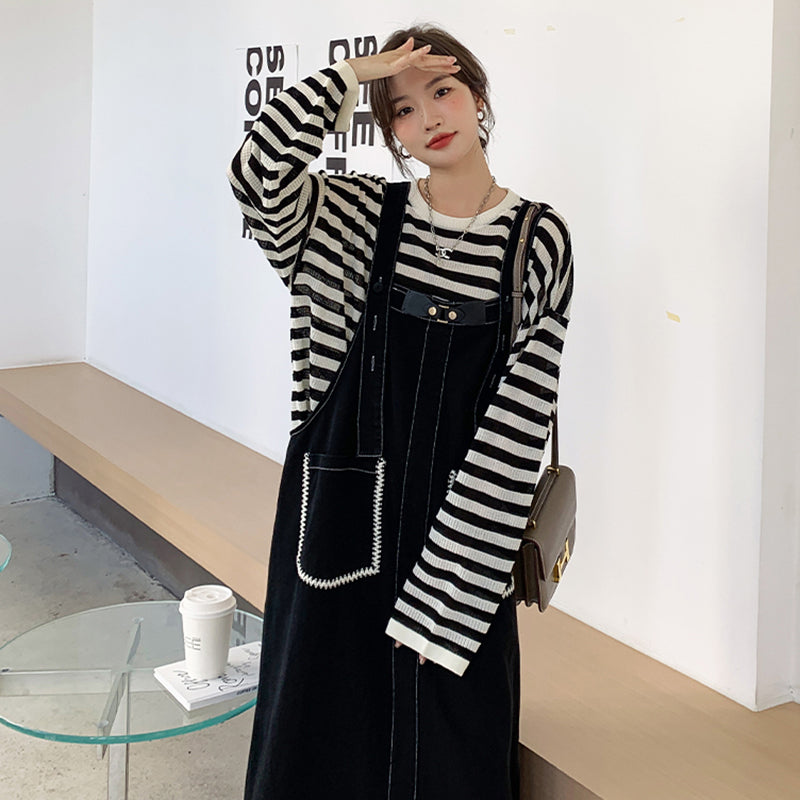 カジュアルボーダートップス×デニムサロペットワンピースセット