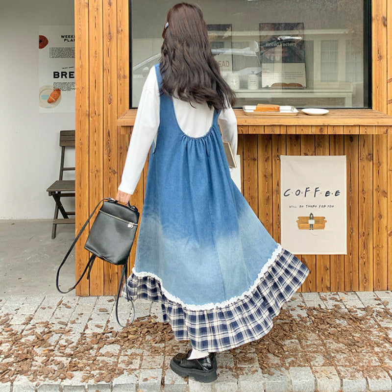 トリムチェックデニムジャンパースカート