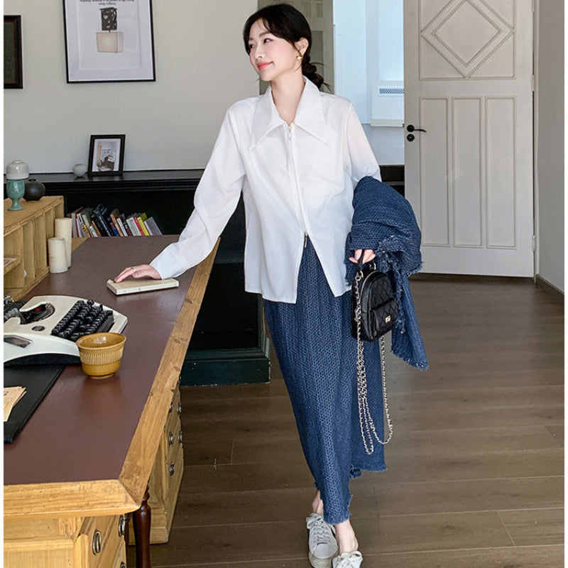 デニムジャケットスカートスーツ×ブラウス3点セット