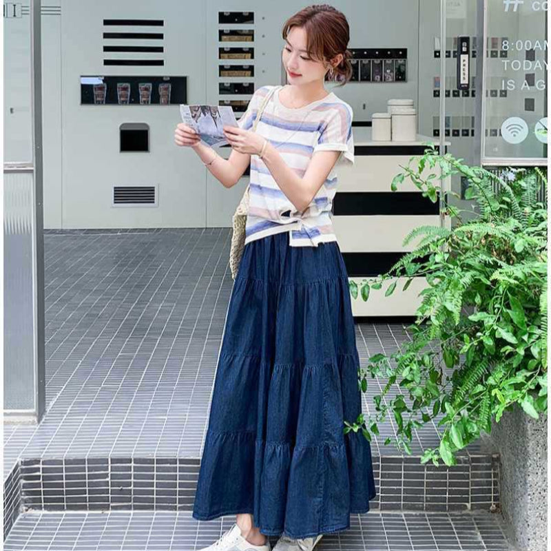 ボーダーTシャツ×デニムスカートセットアップ