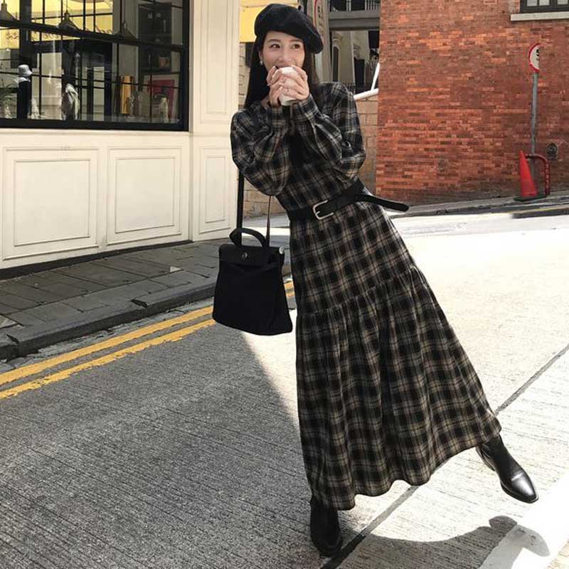 チェックロングフレアワンピース