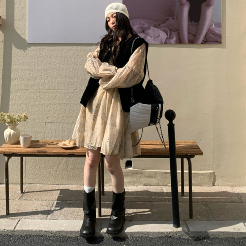 ベルベットベスト×フラワーワンピースコーデセット