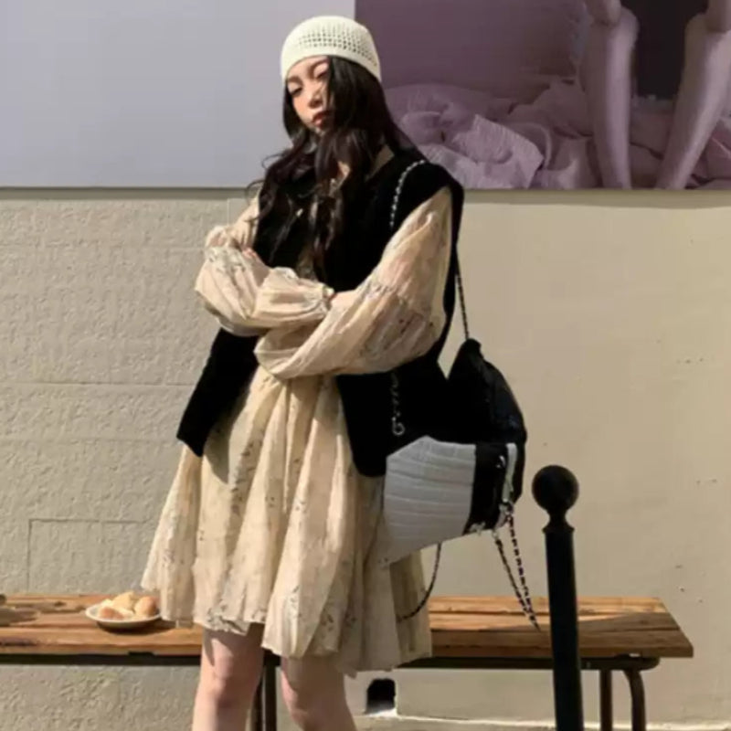 ベルベットベスト×フラワーワンピースコーデセット