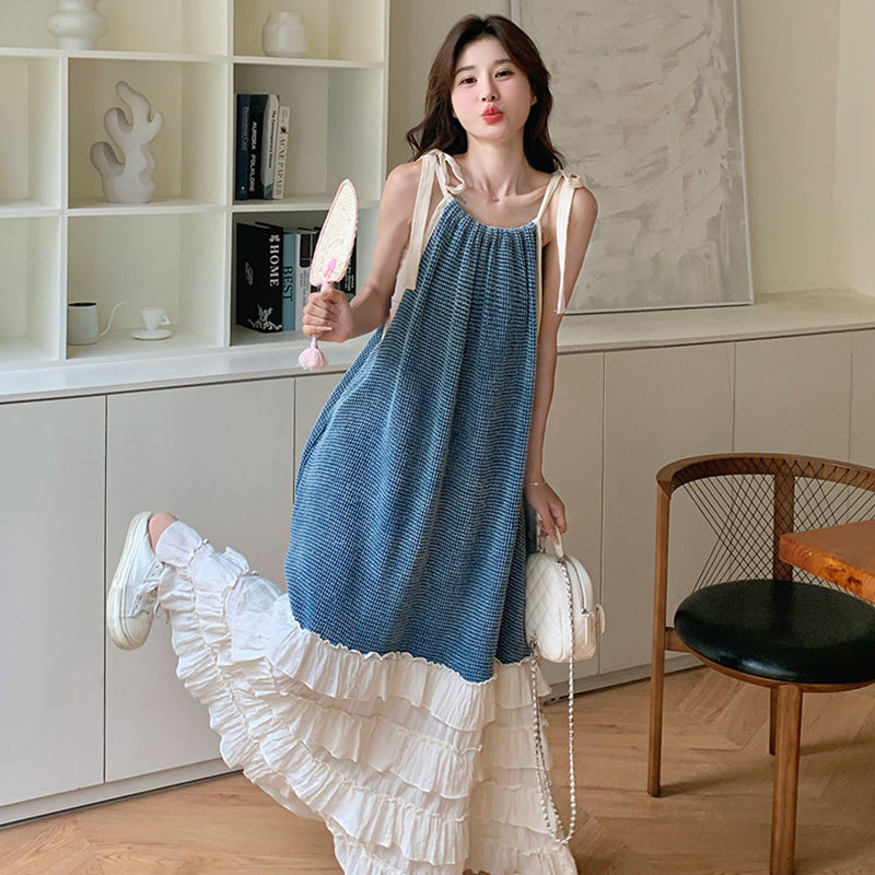 リボンキャミソール切り替えティアードワンピース