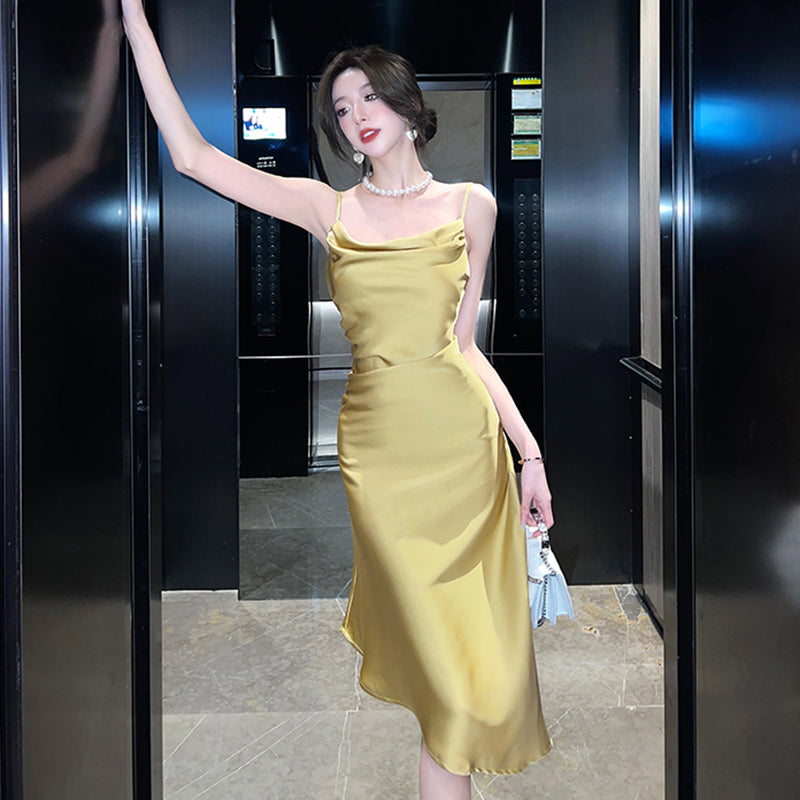 エレガントサテンアシンメトリードレス