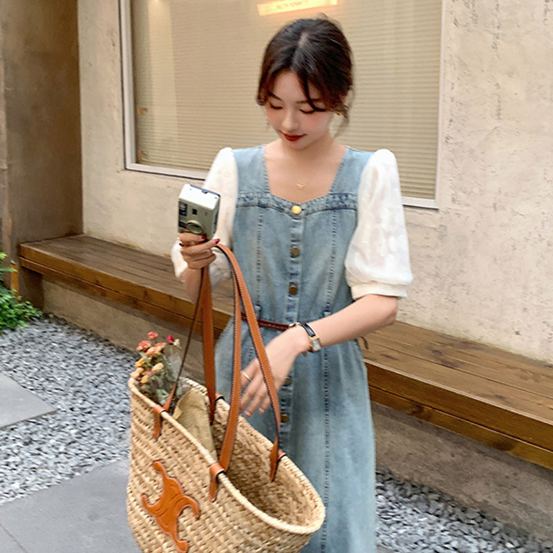 パフスリーブ切り替えデニムワンピース