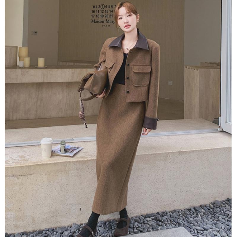 モカブラウンウールジャケット×スカートセットアップ