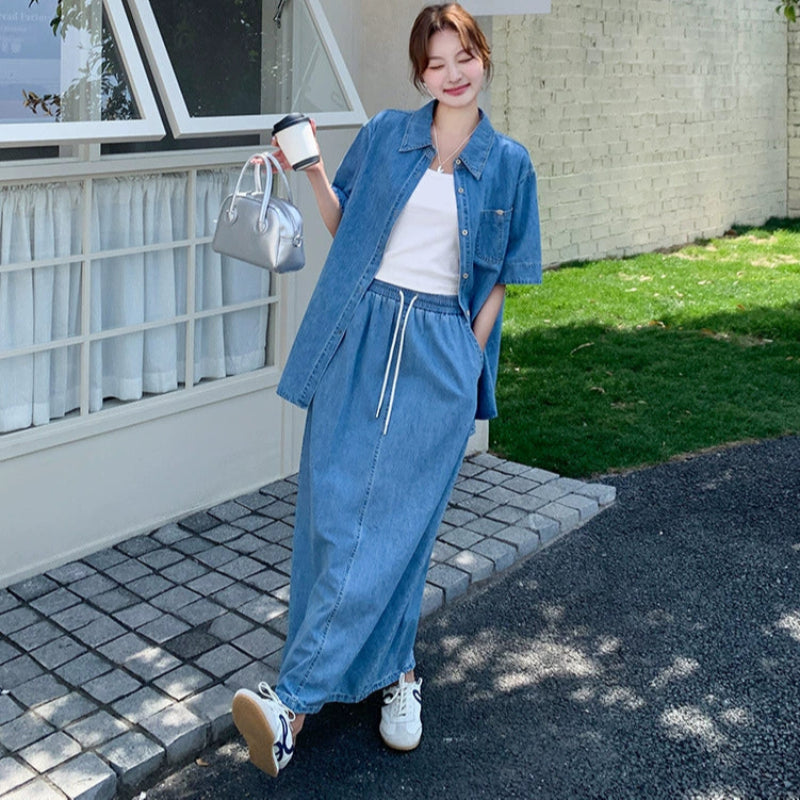 デニムシャツ×スカートセットアップ