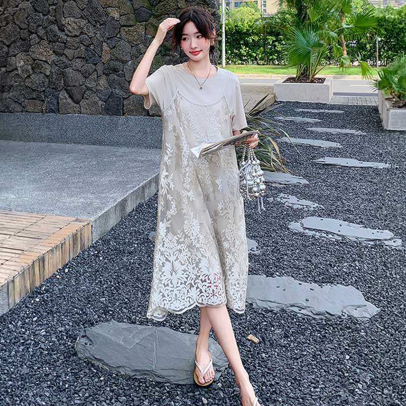 レイヤード風ボタニカルレースワンピース（灰）春/夏 1枚でエレガント