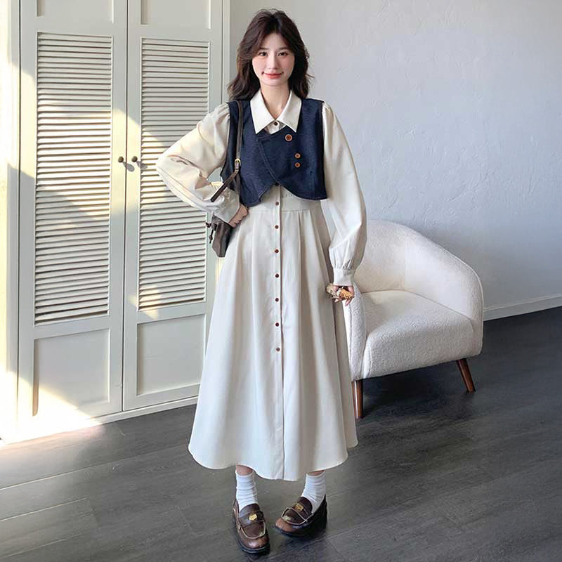 デニムショートベスト×シャツワンピース