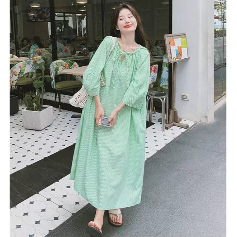 グリーンストライプシャツワンピース