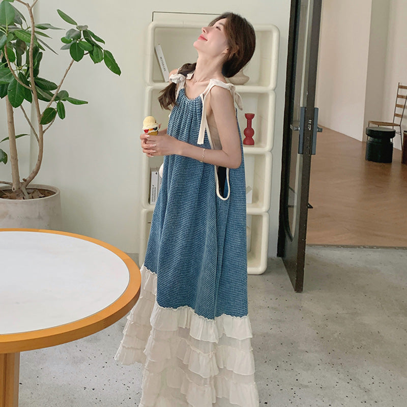 リボンキャミソール切り替えティアードワンピース