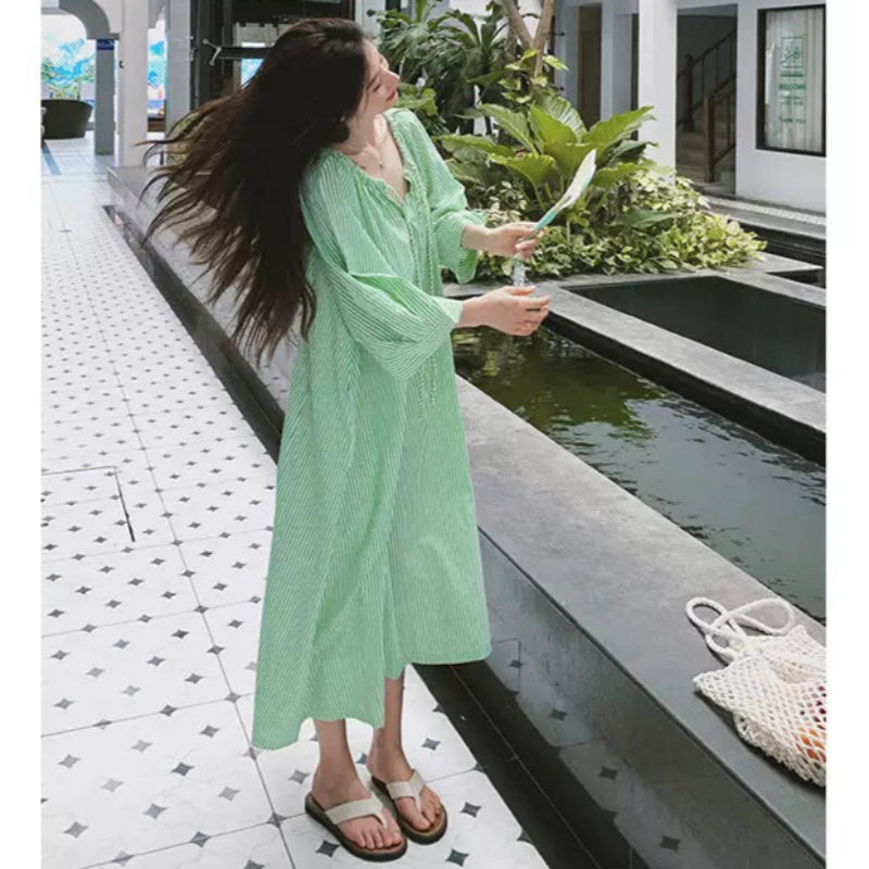 グリーンストライプシャツワンピース