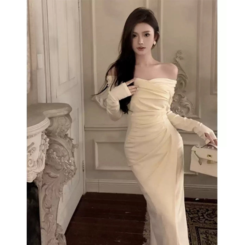 オフショルダースリットロングドレス