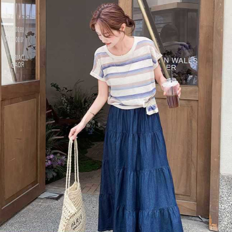 ボーダーTシャツ×デニムスカートセットアップ