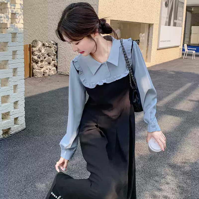 フェイクレイヤードフリルシャツワンピース