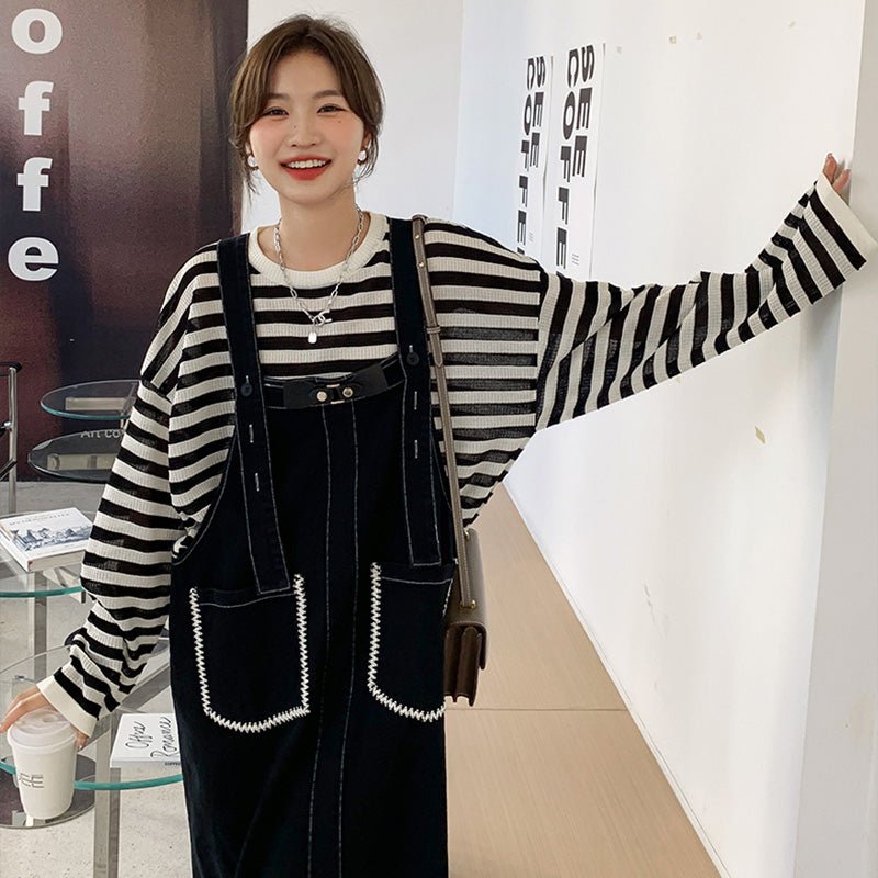 カジュアルボーダートップス×デニムサロペットワンピースセット