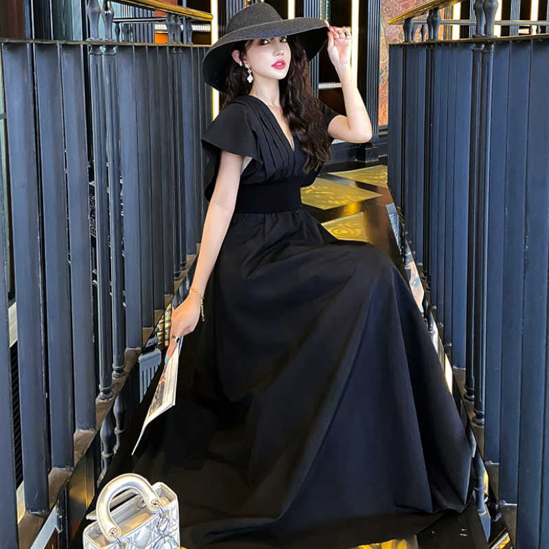 フレアスリーブフロントプリーツマキシワンピース(2colors)