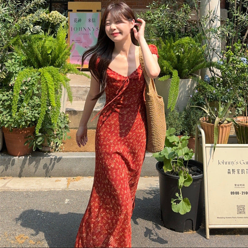 小花柄パフスリーブワンピース