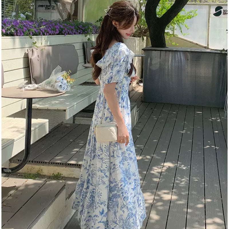 ラッフルカラーボタニカルプリントワンピ