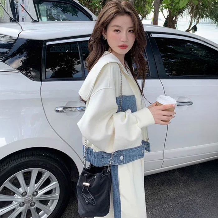 デニムパッチワークスウェットトップス×パンツ(2colors)