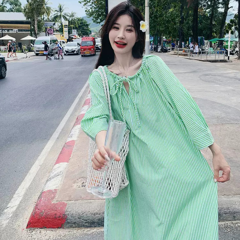 グリーンストライプシャツワンピース
