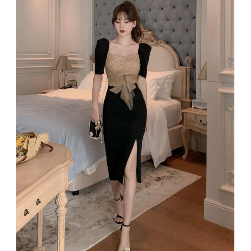 ドットチュールコンビスリットタイトワンピース