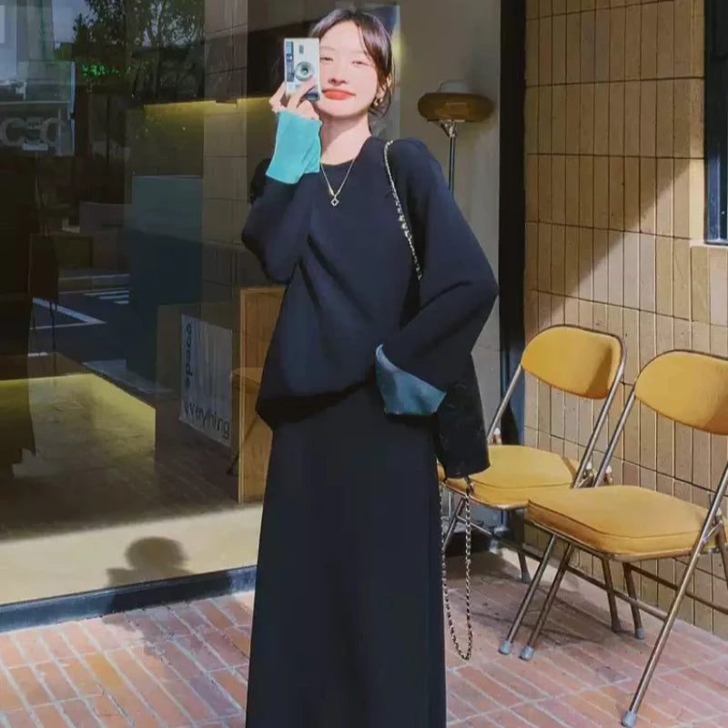 スウェットバイカラートップス×スカートセット