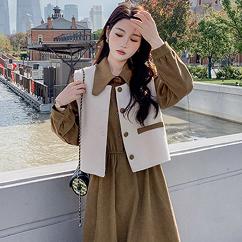 【即納】2WAYバイカラーベスト×ワンピースセット