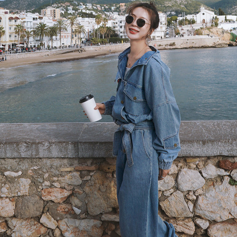 スタンドカラーフード付きデニムオールインワン