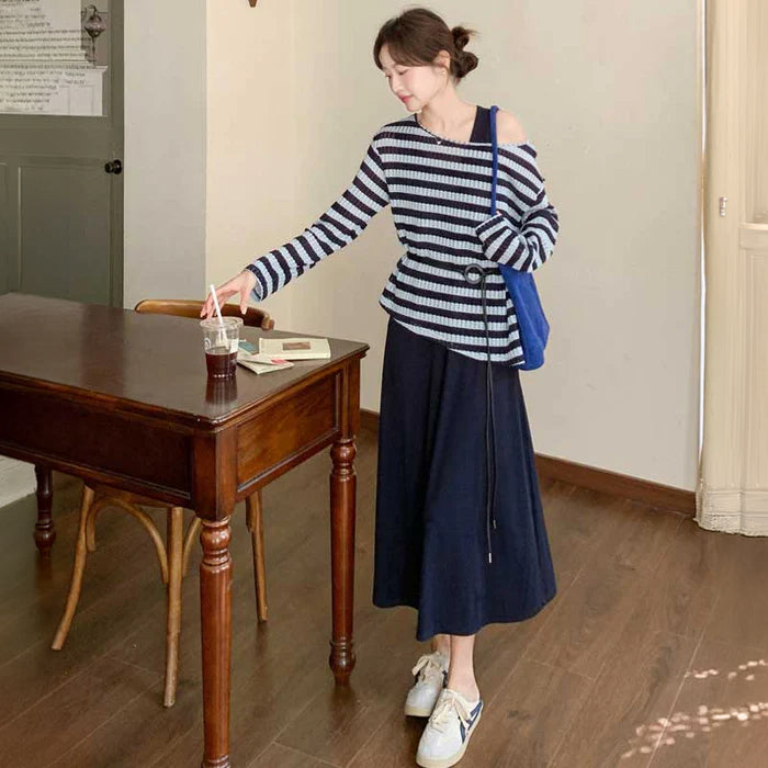 アシンメトリーボーダートップス×リラックスワンピース