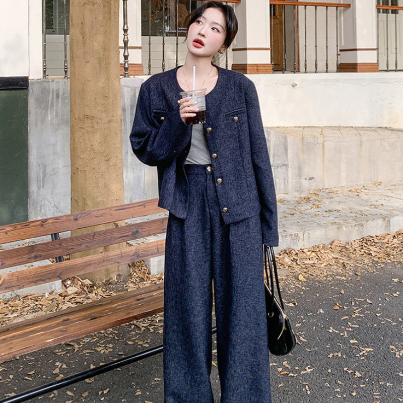 ノーカラージャケット×ワイドパンツセット