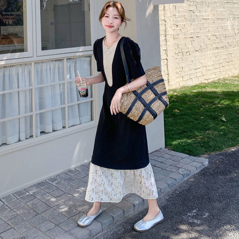 レースデザインパフスリーブワンピース