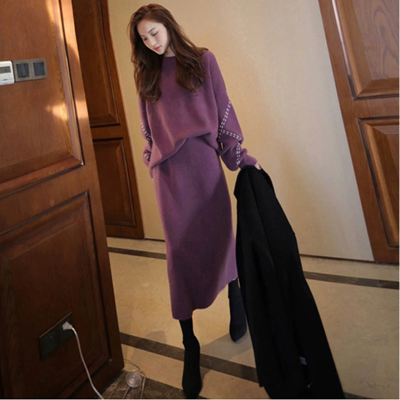 ステッチスリーブニット×スカートツーピースセット(3colors)