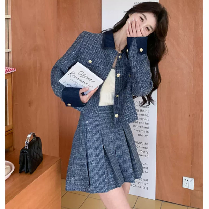 レトロブルージャケット×プリーツミニスカートセット