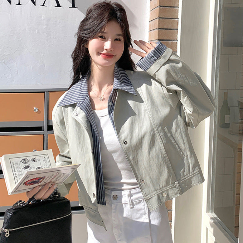 ストライプシャツドッキングPUレザージャケット