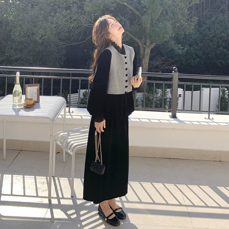 エレガンスベルベットベスト×トップス×スカート3点セット